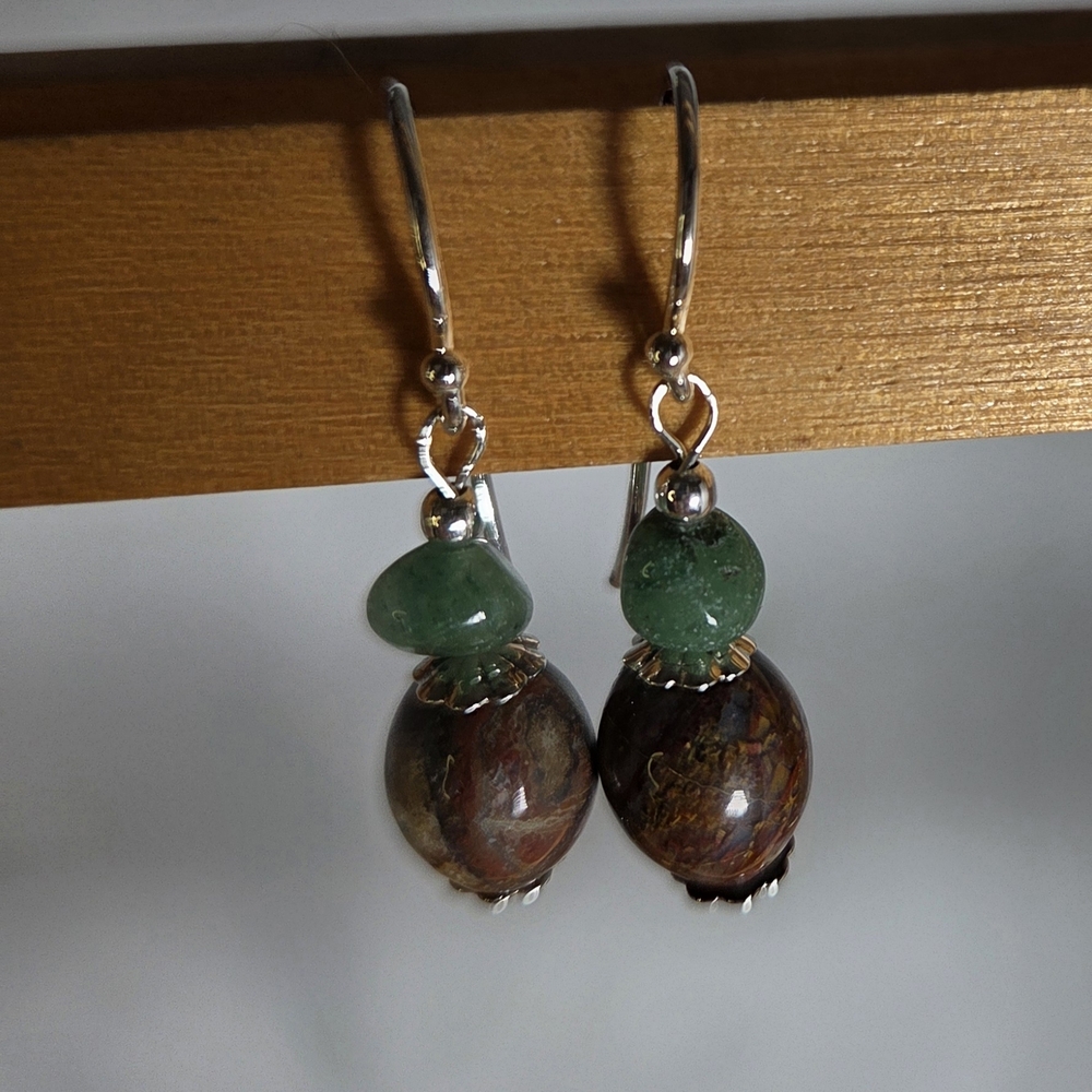 Green Chalcedony And Brown Pietersite Dangle Earrings Argentium Wires